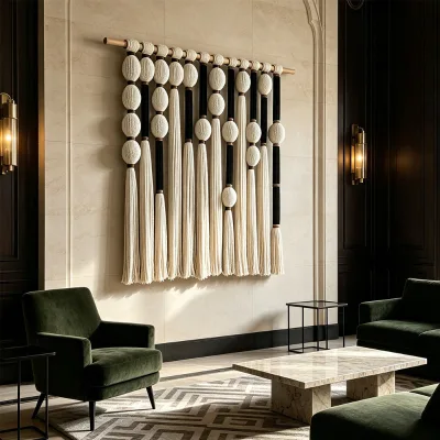 Factory Direct Modern Luxury Vertical Tassel Handwoven Spherical Bead Macrame Wall Hanging for Interior Design