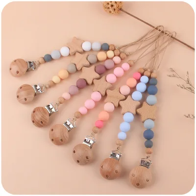 New Infant Supplies Beech Pacifier Clip Creative Baby Cartoon Star Beech Biting Molar Pacifier Chain Anti-Drop Chain Toy Gift