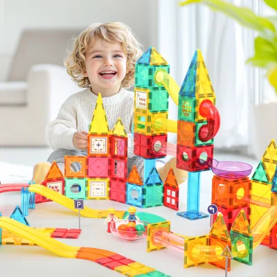 200pcs Low MOQ Factory New ODM/OEM Marble Run Car Racing Truck Magnetic Building Blocks 3D Magnetic Building Tiles Magnet Toys