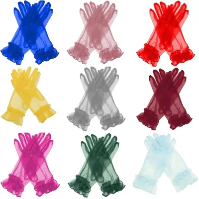 Lowosaior Wholesale Wedding Dress Evening Fingerless Ruffled Appliqued Gloves Halloween Opera Ball Mesh Sexy Bride Glove