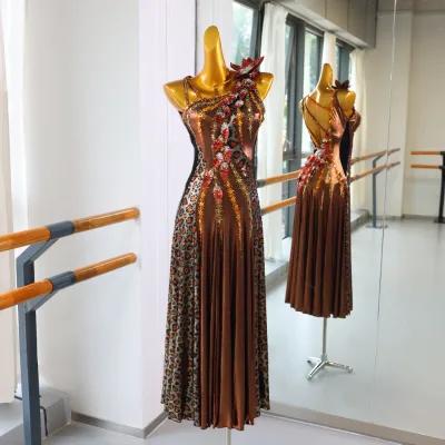 Premium Women Bronze Latin Dancewear Handcrafted Floral Beading One-Shoulder Competition Dress OEM Custom Performance Costume