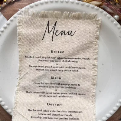 Custom Minimal Modern Transparent Wedding Restaurant Dinner Menu Cards with Elegant White Design Custom Size CMYK/PMS Colors