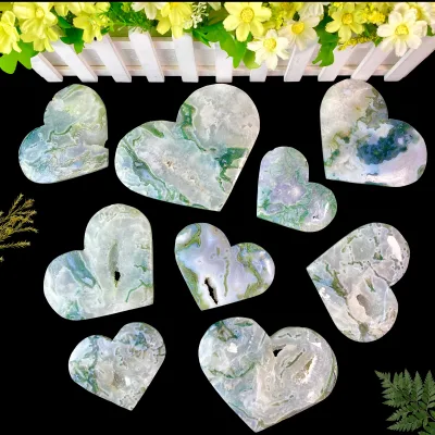 Wholesale Natural Big Moss Agate Slice Crystal Heart Carving for Valentine's Day Gift and Home Decor