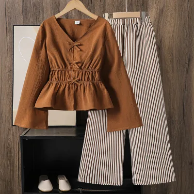 Girls' Clothing Set Autumn New Design with Flared Sleeves Waist Cinching Top and Wide Leg Pants
