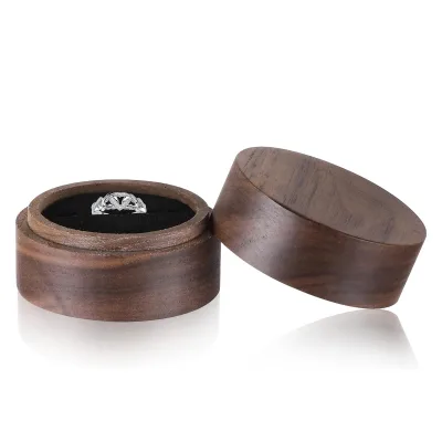 Walnut Wood Color 2 Inch Ring Bearer Box Round Rings Holder for Men Women Mini Unique Rings Jewelry Storage Case