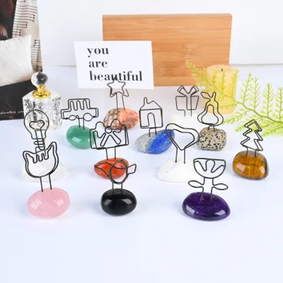 Wholesale Natural Healing Stone Crystal Photo Clips Crystal Tumbled Stone Base Metal Clips for Desktop