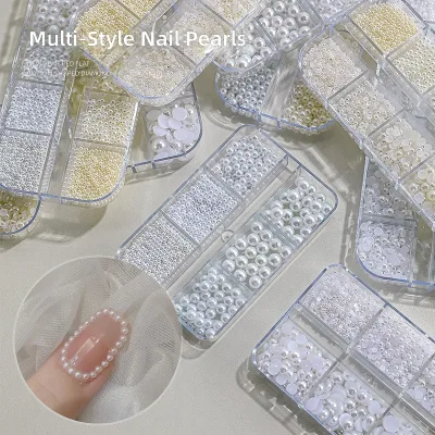 12-grid Nail Art Half-round Alloy ABS Rhinestone Round White Pearl Decoration