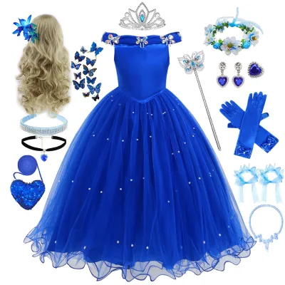 2026 New for Girls Lace Dress Royal Blue Princess Set with Puffy Skirt and Pearls for Children