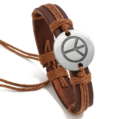 Large Stock Fashion Leather Wax Cord Hemp Bracelet Personalized Woven Vintage Cowhide Bracelet Simple Peace logo Bracelet