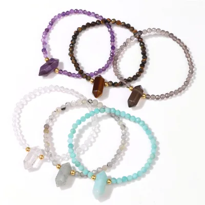 Natural Amethyst Labradorite Faceted Stone Bead Stretch Bracelet Hexagonal Crystal Point Healing Energy Jewelry