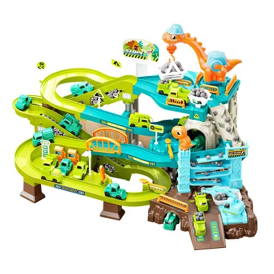 Dinosaur Climbing Hills Rail Car Construction Play Set with Crane Transportation Track Slot Diecast Toy Animals