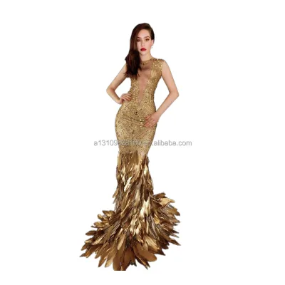 High Quality Sparkly Rhinestones Gold Feather Dress Party Dresses Women Evening
