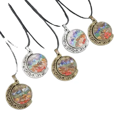 Antique Brown Chakra Moon Pendant Necklace New Design Colorful Stone Diamond Gold Plated Butterfly Number Pattern Anniversary