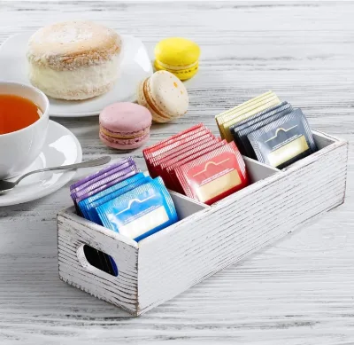 Vintage White Mini Tea Bag Organizer Wood Tea Storage Container with 3 Slots