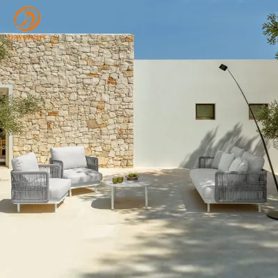 Minimalist Scandi-Style Outdoor Lounge Set, Light-Colored Woven Rope Patio Furniture Elevated White Legs and Soft White Cushions