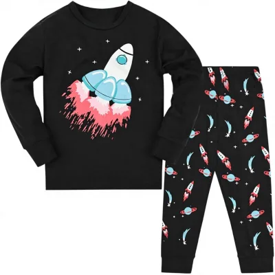 Boys Winter Long Sleeve Soft Printed Cartoon Cotton Pajama Set Two Piece 5-7 Years 110 120 130 (Dinosaur/Mermaid/Rocket)