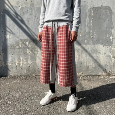 Custom Streetwear Loose Straight Raw Hem Side Mesh Waffle Drawstring Double Layer Solid Shorts for Men
