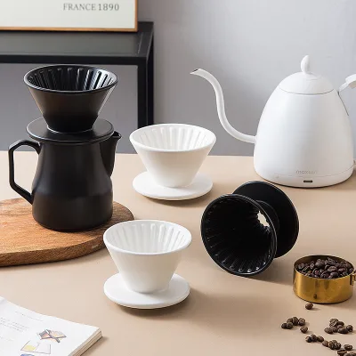 Direct Factory Hand-Made Ceramic Porcelain Eco-friendly Dripper Coffee Maker Straight Grain Semi-Gloss Black White Filter Cup