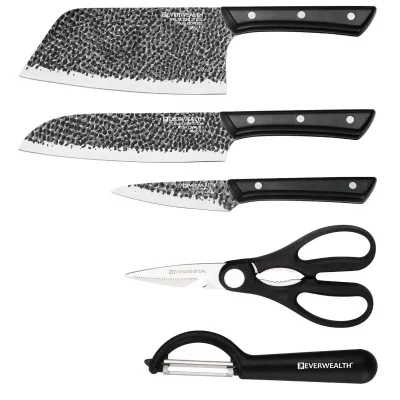 Newest 5-Piece Stainless Steel Kitchen Knife Set Non-Stick Coating Hammer Design Full Tang Ambidextrous Handle for Home Use
