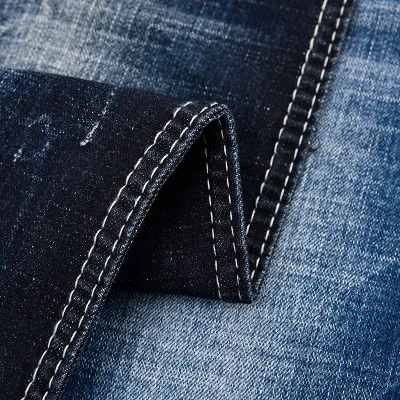 10oz Blue Gray Cross Hatch Slub Cotton Polyester Spandex Good Stretch Denim Jeans Fabric