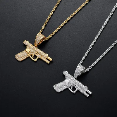 European and American Copper Inlaid Zircon Necklace Hip Hop Small Pistol Necklace