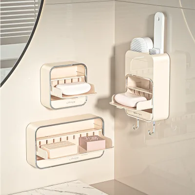 High-end Bathroom Wall-mounted Punch-free Drainage Soap Box with Lid Rectangular Shape for Household Use