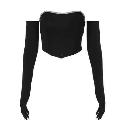 Sexy Navel-baring Black Retro Top With Diamond-wrapped Chest Strapless Sleeves Two-piece Set Tube Top