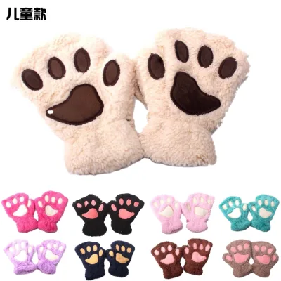 New Children Cat Paw Winter Hand Gloves of Cartoon Kitten Paw Half Finger Outdoor Warm Gloves