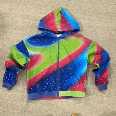 OEM Custom Hoodie Rhinestone Vintage 100% Cotton Men's Zip up Tie-dyed Hoodie Regular Heavyweight Rainbow Rhinestone Hoodies