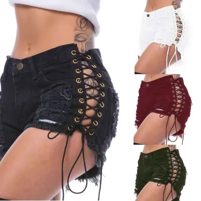 Women's Trendy Mid-Summer Goth Vintage Wash Cotton Denim Shorts High-Sexy Casual Cargo Jean with Button Decoration and Pockets