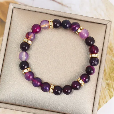 Purple Amethyst Crystal Sunstone Bead Bracelet for Women 8mm Natural Stone Micro-inlaid Zircon Ball Shape Pattern Stretch