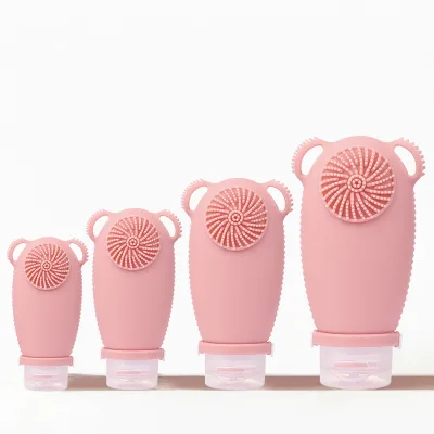 2-in-1 Squeezable Travel Bottle with Facial Brush Portable Lotion Deep Cleansing Tool Dispenser Shampoo Travel Bottle