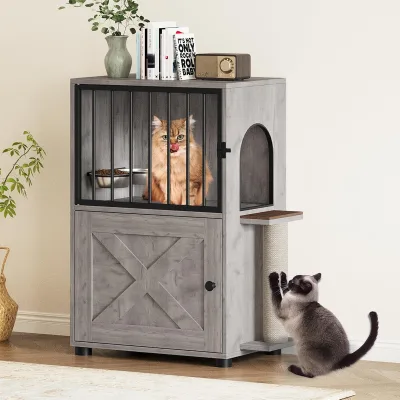 Cat Feeding Station, Dog Proof Cat Feeding Station with Scratching Post, Elevated Food Bowls with Stand, Pet House Furniture
