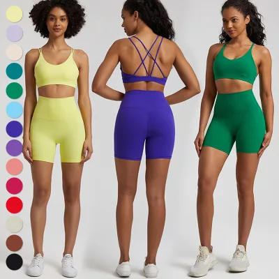 Custom Logo Yoga Shorts Set for Women Fitness Workout Pants Sports Straps Bra Athletic Wear 2 Piece Gym Yoga Biker Shorts Suit