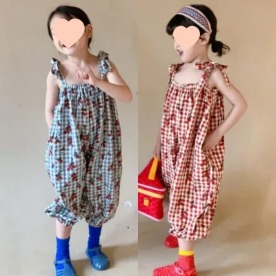 New Girls' Spring/Summer 2024 Pants Floral Plaid Lace-up Jumpsuit for Factory Direct Customized