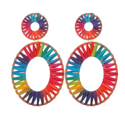 New Geometric Woven Raffia Earrings for Women Boho Oval Hollow Statement Raffia Rainbow Earring