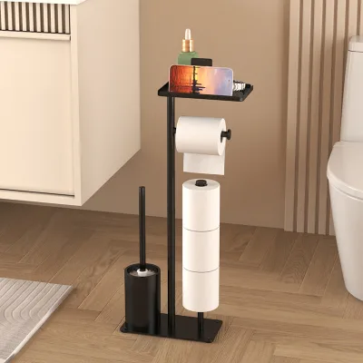 Multifunctional Vertical Toilet Paper Roll Holder Brush Storage Tray Floor-standing Magnetic Bracket for Home Office Restroom