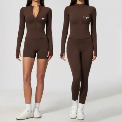 Custom Logo Windproof Full Zip up Jacket Set With Thumb Hole High Stretch Four Way Stretch Workout Yoga Wear Gym Fitness Set