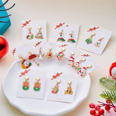 Factory Sales Oil Painting Christmas Earrings Asymmetrical Santa Claus Snowman Xmas Stud Earrings Wholesale for New Year