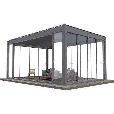 Versatile Aluminum Pergola Featuring Adjustable Louvered Canopy and Sliding Glass Panels Transforming Open Terraces Comfortable