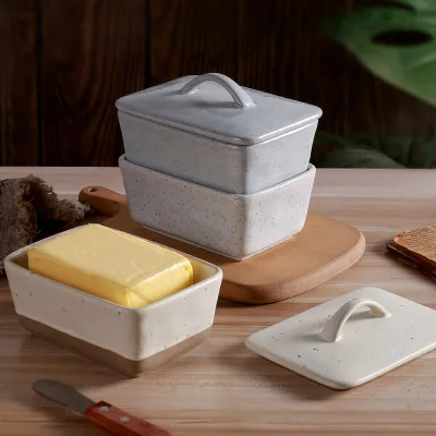 Vintage Style Rustic White Rectangular Ceramic Butter Box with Lid Multifunctional 350ml/550ml Capacity