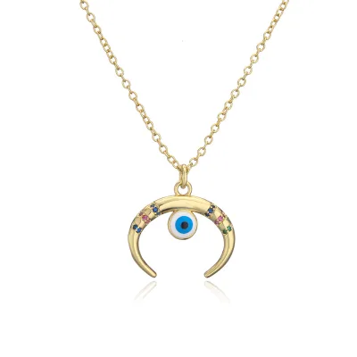 European Retro Ethnic Style Colorful Oil Drop Moon Evil Eye Necklace Copper Zircon Evil Eye Necklace