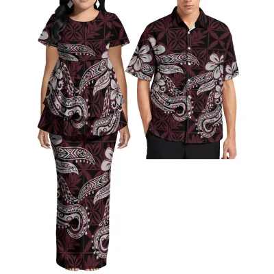 Plus Custom Polynesian Tribal Pattern Matching Couple Suit Women Maternity Puletasi Maxi Dress Men Casual Short Sleeve Shirt