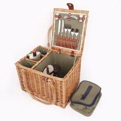 Handcrafted Kitchen Storage Wicker Picnic Basket With Wine Bottle Carriers