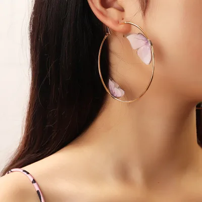 Fashion INS Jewelry Elegant Gold Plated Purple Silk Butterfly Alloy Hoop Earings for Women 2021