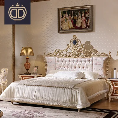 Golden Faux Leather Exclusive White Wooden Elegant Carved Furniture Antique French Style Bed