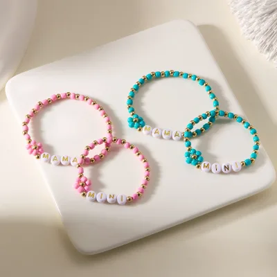 New Mother's Day Mama Letter Beads Flower Charm Bracelet 2 Pes Set Wholesale Jewelry Bangles for Woman