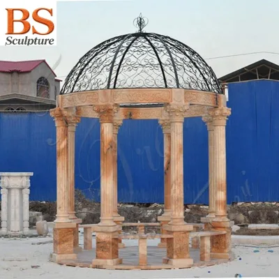 Outdoor Sunset Red Marble Gazebo Fluted Roman Column Carving Wrought Iron Dome European Garden Stone Pavilion for Villa