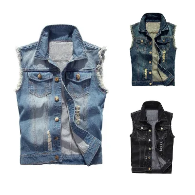 Fashion Hip Hop Sleeveless Jeans Coat Short Sleeve Ripped Blue Jean Jackets Men's Denim Vest