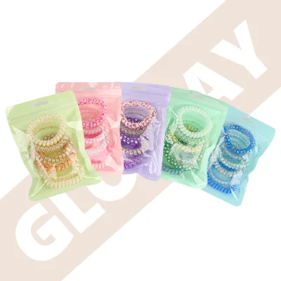 Candy Color 5Pcs Transparent Elastic Plastic Spiral Hair Ties Set Women Ponytail No Crease Coil Phone Cord Hair Scrunchy